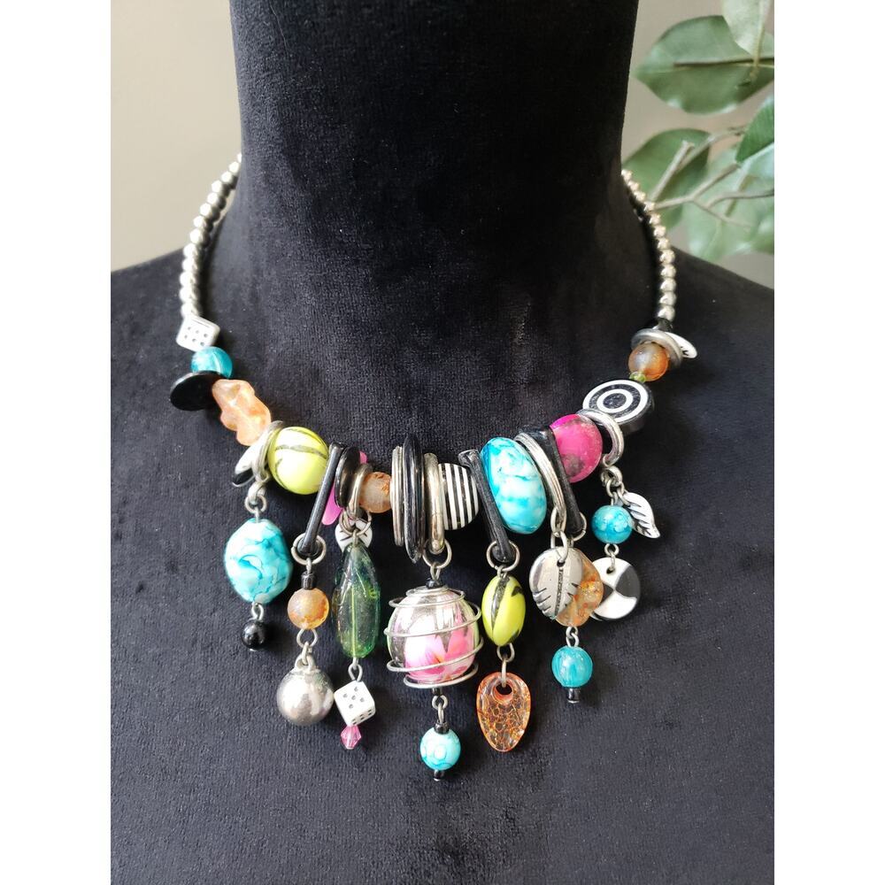 Bold Eclectic Charm Necklace Mixed Beads Dice Leaf Dangle Funky Design